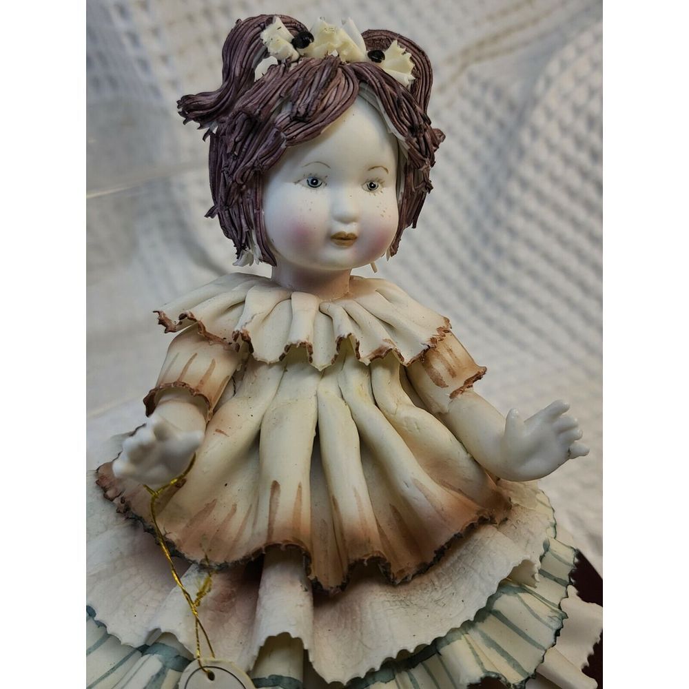 8" Italy ARTE PORCELAIN SCULPTURE J&S Collection Girl w/Pig Tails Ribbon Dress